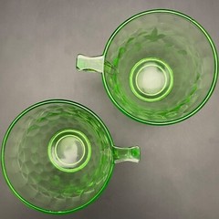 Jeannette Uranium Glass Art Deco Hex Optic Solid Handle Cups 2pc Set Made in USA