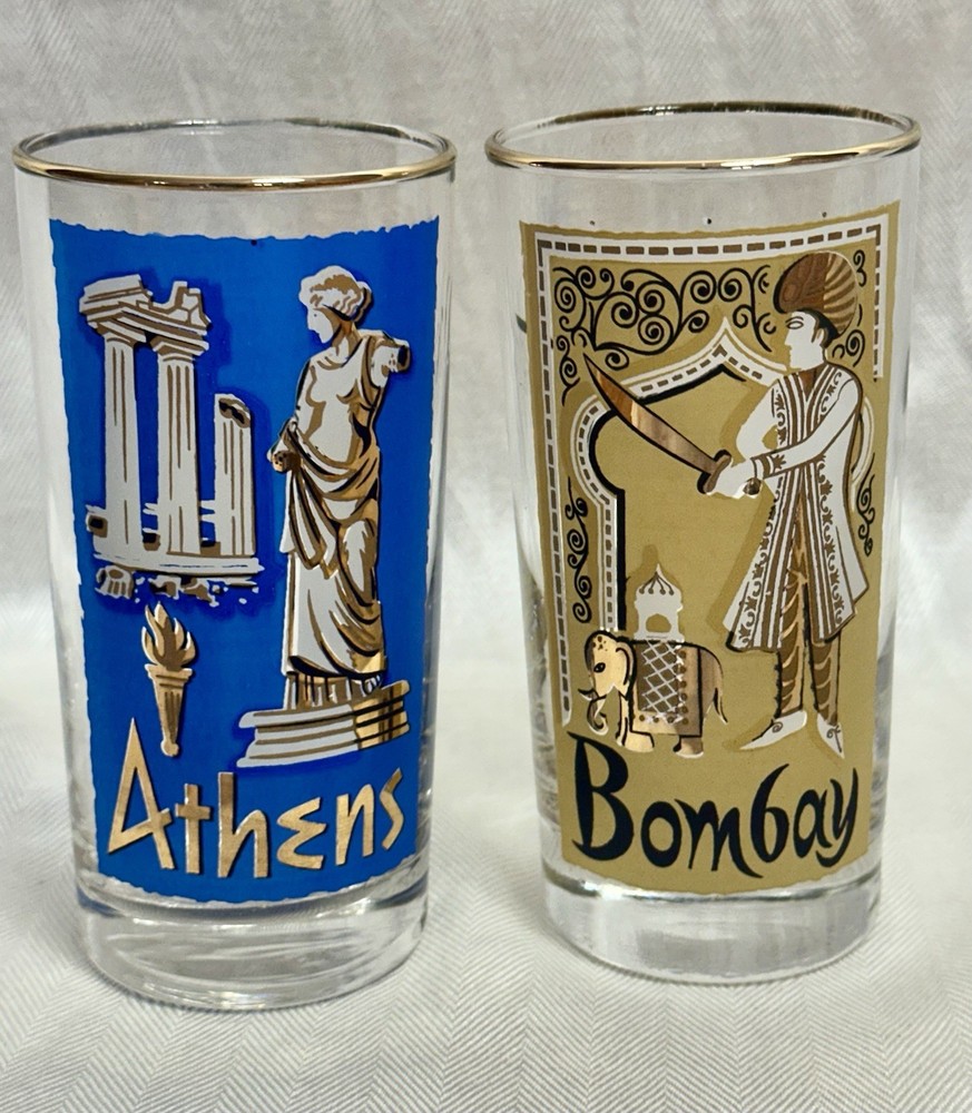 Vintage Libbey Cities of The World Highball Glasses Athens & Bombay Set of 2 MCM