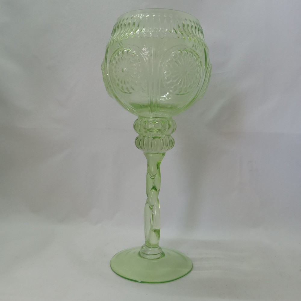 Beautiful 12″ Tall Hand Blown Lime Green Art Glass Cocktai Twisted Stem Goblet