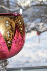 Antique Moser Cranberry Red Enameled Raised Gold Glass Goblet 14″