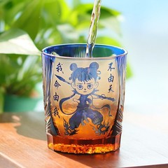 Amber Blue Whiskey Glasses Japanese Style Hand Cut Crystal Kiriko Glass 8.5oz
