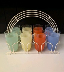 Vintage Coated Frosted Tumblers Set of 8 w/ Caddy Atomic MCM