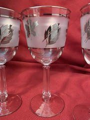 Libbey WATER GOBLET Set 4 Vintage Frosted Glass Silver Leaves Retro 7 1/4″ tall