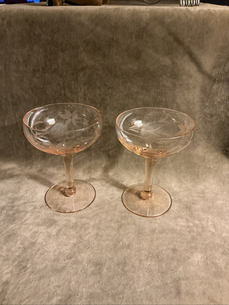 1930s Lancaster glass pink champagne Sherbet stem Pair cut floral design