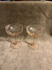 1930s Lancaster glass pink champagne Sherbet stem Pair cut floral design