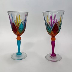 Vintage CC Zecchin Murano Style Wine Glasses Hand Painted Crystal Set of 2 Italy