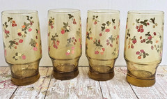 4 MCM Amber Flowering Strawberries Drinking Glass Tumbler Berry Farmhouse Retro