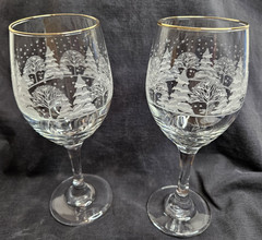 Libbey Arbys Frosted Winter Tree Scene Lot of 2 Wine Glasses/Goblet w/Gold Rim