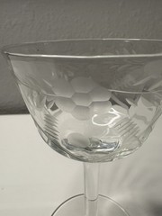 Clear Glass Stemmed Wine Goblet, Etched Floral Pattern Drinking Glass