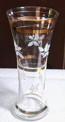 2 Vtg Borske Sklo 7″ Flat Bottom Pilsner Glasses Oak Leaves Gold Bands Bohemian