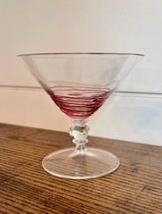 H.C. Fry Art Deco Cranberry Threaded Champagne or Martini Glass-C. 1925
