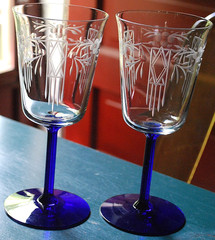 Antique Set 2 WATER GOBLET GLASSES Hand Blown ETCHED BOWL w/ COBALT BLUE STEMS