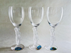 3 Bayel Bacchus France Crystal Figural Male Nude Stem Wine Glasses orig label