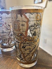 4 Cera 22k Gold Highball Glasses Set MCM WORLD ATLAS maps Vintage Olde World EX.