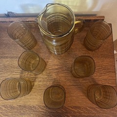 Anchor Hocking Topaz Textured Geometric Window Pane Pitcher And 7 Glasses