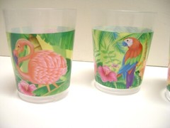4 1/4″ tall PINK FLAMINGO, Parrot+ Macau Plastic Drinking Cups/Glasses Set of 3
