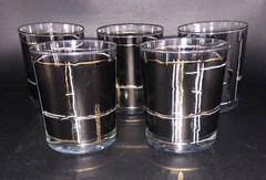 Vintage MCM Low Ball/ Rocks Whiskey Glasses Clear Black Gold Abstract Set Of 5