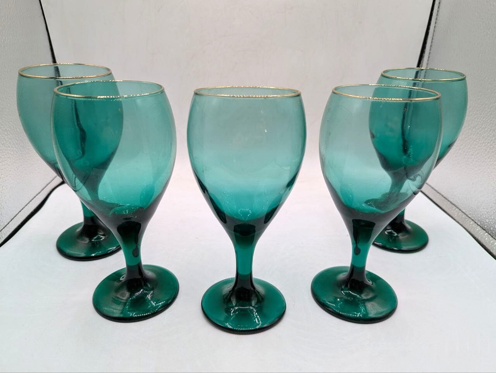 VTG Libby Juniper Green Water Wine Goblets Set Of 5 Glass Teardrop Gold Rim ON28
