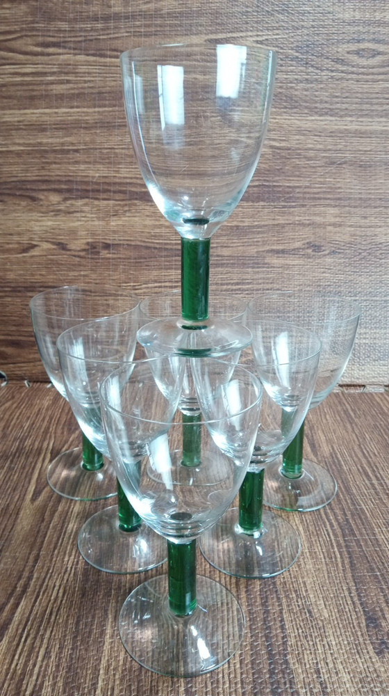 THICK GREEN Stem Wine Glasses 7″ Tall Set Of 7 Vintage