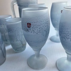 Vtg Hebron Glass Set 10 pc Hand Painted Blue Pitcher Tumblers Tulip Stem Frosted