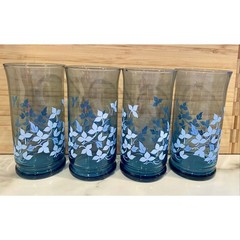 Set of 4 Vintage Libbey Floral Leaf Pattern Blue Glass Juice Tumblers