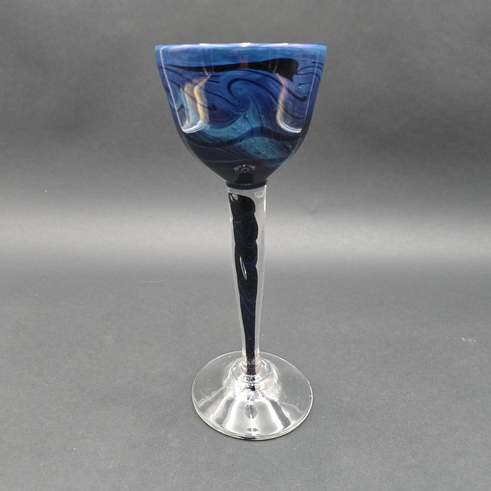 Hand Blown Glass Goblet Blue Swirl Signed Art Glass 9″