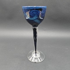 Hand Blown Glass Goblet Blue Swirl Signed Art Glass 9″