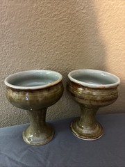 SET OF 2 HAND-TURNED POTTERY CHALICES GREEN/BROWN GLAZE 4.5 Inch