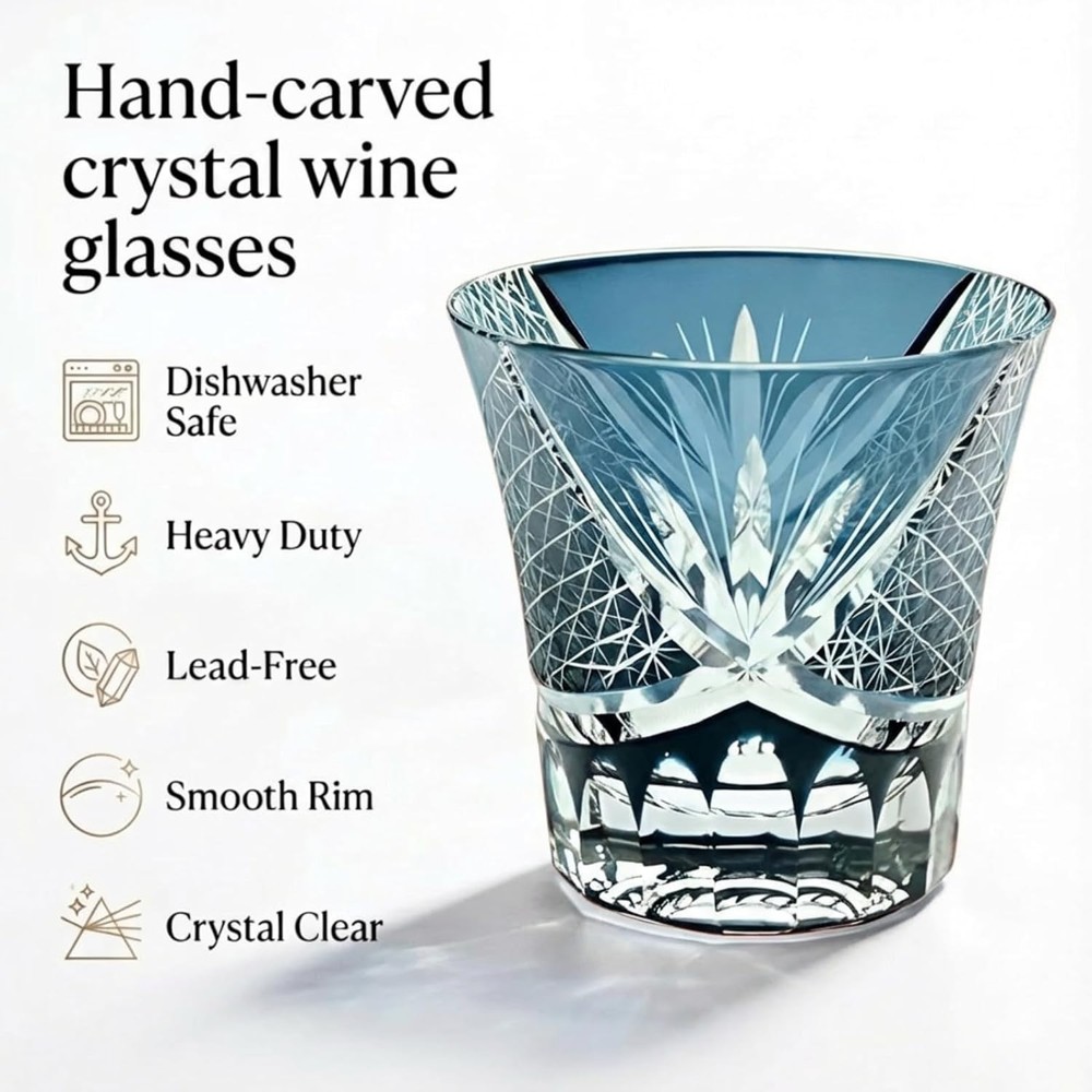 Ink Blue Edo Kiriko Crystal Bohemian Hand Cut Cased Whiskey Glass 220ml/8oz NEW
