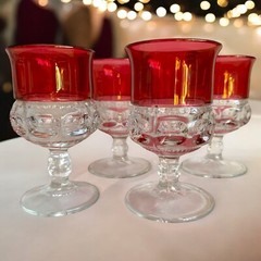 Set 4 Tiffin King’s Crown Thumbprint Ruby Red Flashed Top & Bottom Water Goblets