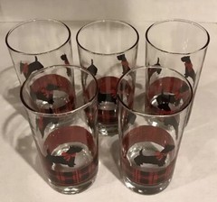 Set of 5 Anchor Hocking Black Scottish Terrier Dog with Red & Black Plaid