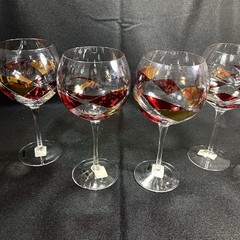 4 ROMANIA La Fleur BALLOON WINE GLASS RED GOLD MOSAIC Led Free Crystal 8.5” New