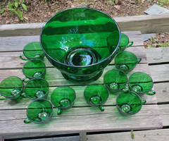 14pc Anchor Hocking Forest Green Glass Punch Bowl Set w Base 12 Cups 1950s w/bx