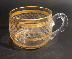 Antique Moser Style Crystal Punch Cup Etched Swirl and Fish Scale Gilt Ribbed