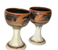 Hand Thrown Art Pottery Chalices Goblets Stoneware Set 2 E Signature Stamp Brown