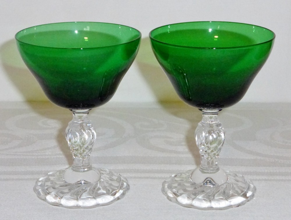 2 pcs Fostoria COLONIAL DAME Green Footed Liquor Cocktail glasses 4-1/4″