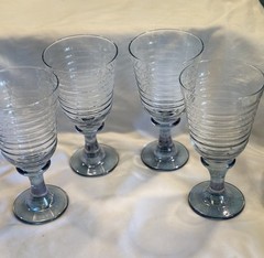Libbey Harlequin Smoke Blue Ribbed ‘Beehive’ 12oz Water /Wine Goblets 1980’s