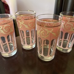 Libbey Hand Painted Pink Scroll 12oz Tumblers c1937 (4) MINT-Now on Sale-Was $79
