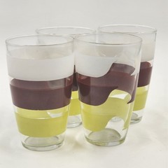 Set 4 Libbey’s Multicolor Striped Designed Pressed Glass Tumblers 5″ Vtg 1970’s