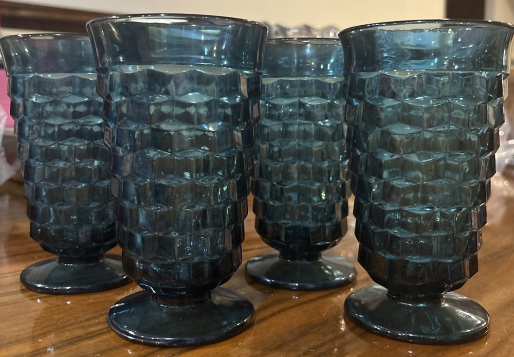 Vintage Fostoria Regal Blue Footed Goblets x 4