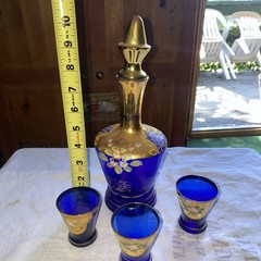 VTG Czech Bohemian Cobalt Blue & Gold Enamel Flowers Decanter & Cordial 3 Cups