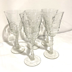 Libbey Rock Sharpe ARCTIC ROSE Goblets Water Glasses Set of 5 Clear etch crystal