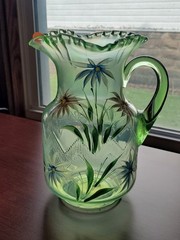 Hand Painted Ice Green Fenton Carnival Glass Enameled Shasta Daisy Pitcher