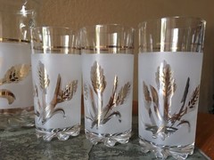 VINTAGE Frosted Glass DeValBor Pitcher 6 Glasses Golden Wheat Spikelets Preowned