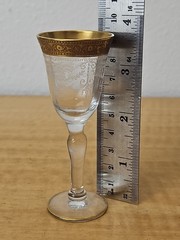 Vintage Gold Rim Etched Cordial Stem Glass 3 5/8″ blub stem (9 avail)