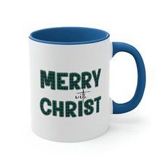 Two-tone Accent Ceramic Mug 11oz – Merry with Christ – Green Plaid Christmas Hol