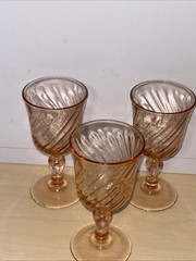 VINTAGE PINK ROSALINE SWIRL FRANCE CRYSTAL STEMMED WINE GLASSES 4″ SET 3 B2
