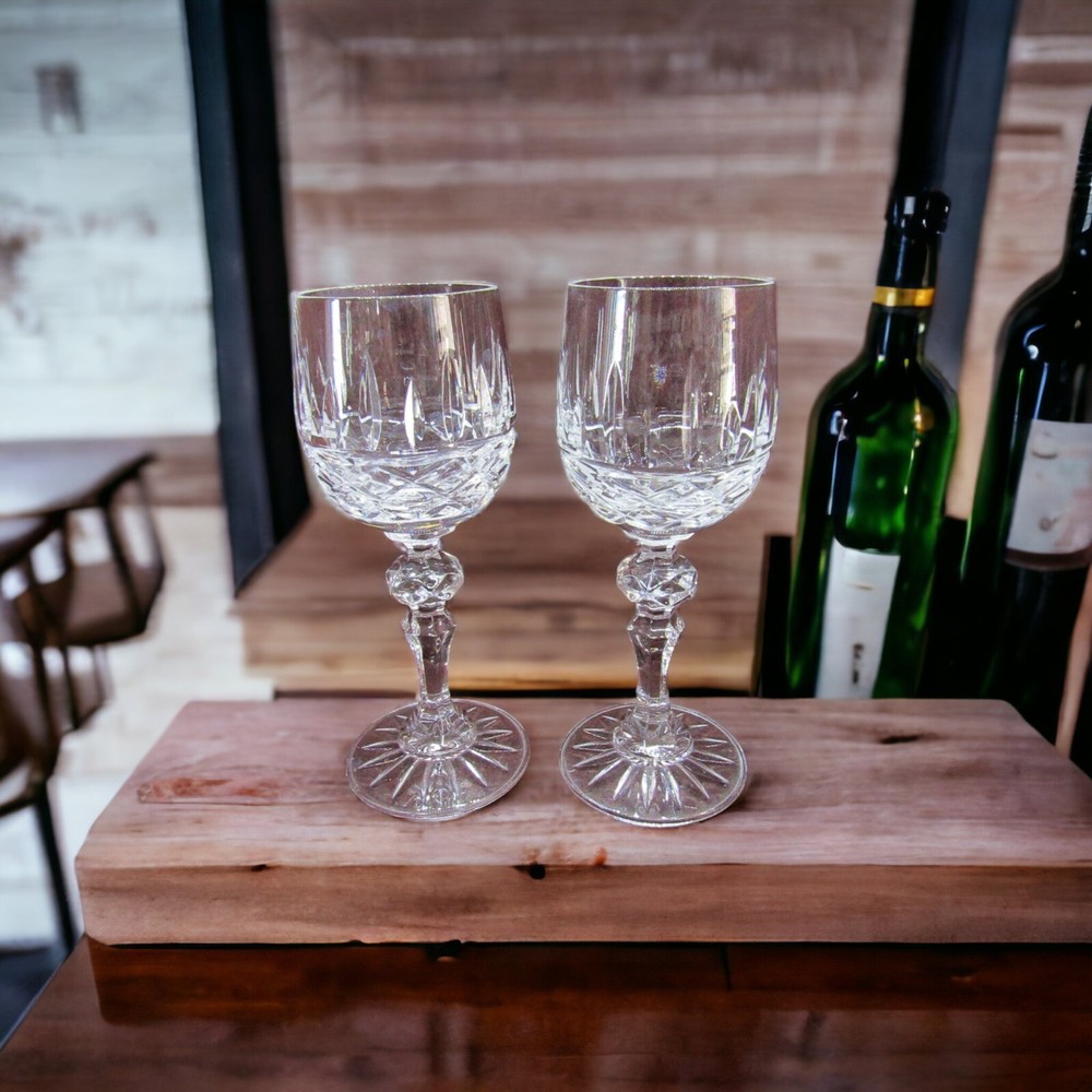 Vintage Pair of Lead Cut Crystal Stemmed Wine Glasses