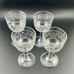 Antique Greek Key Etched Wine Sherry Cordials Set 4 c1900 EAPG 4⅛» Edwardian