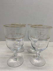 Vintage Set Of 4 Fostoria Etched Renaissance Gold Glasses/ Gold Trim